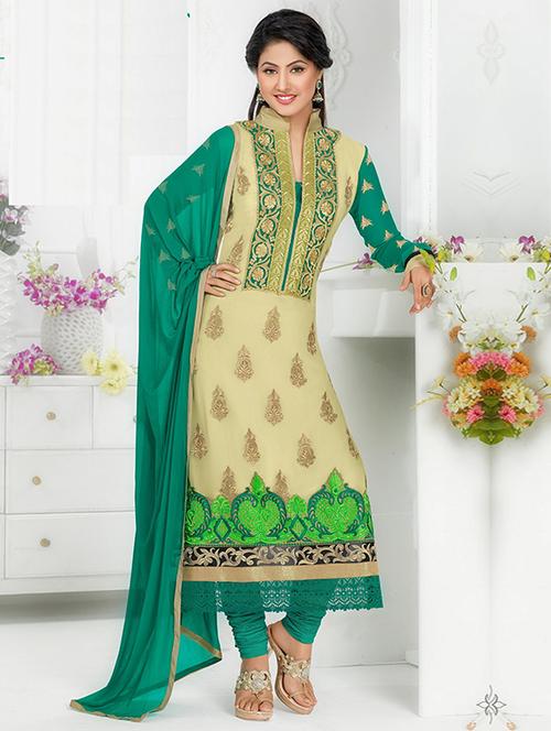 beige embroidered un-stitched dress material - 14482453 - Very Small Image - 1