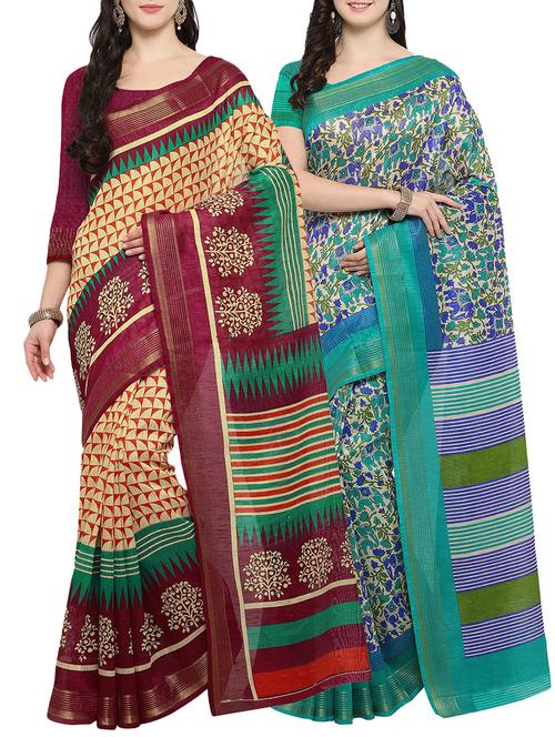 multi colored cotton printed combo saree with blouse - 14482892 - Very Small Image - 1