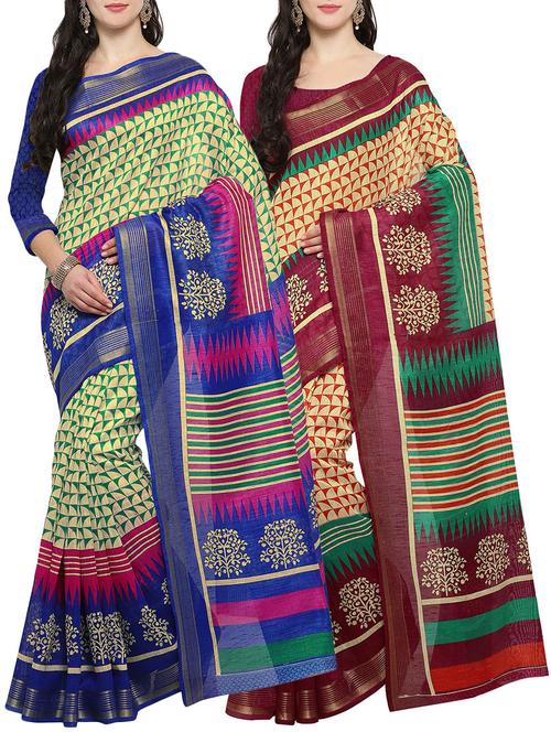 multi colored cotton printed combo saree with blouse - 14482893 - Very Small Image - 1