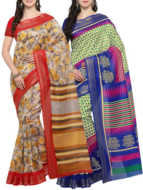 multi colored cotton printed combo saree with blouse - 14482896 - Very Small Image - 1