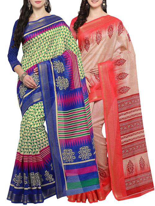 multi colored cotton printed combo saree with blouse - 14482898 - Very Small Image - 1