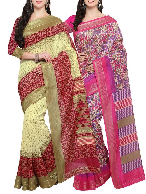 multi colored cotton printed combo saree with blouse - 14482906 - Very Small Image - 1