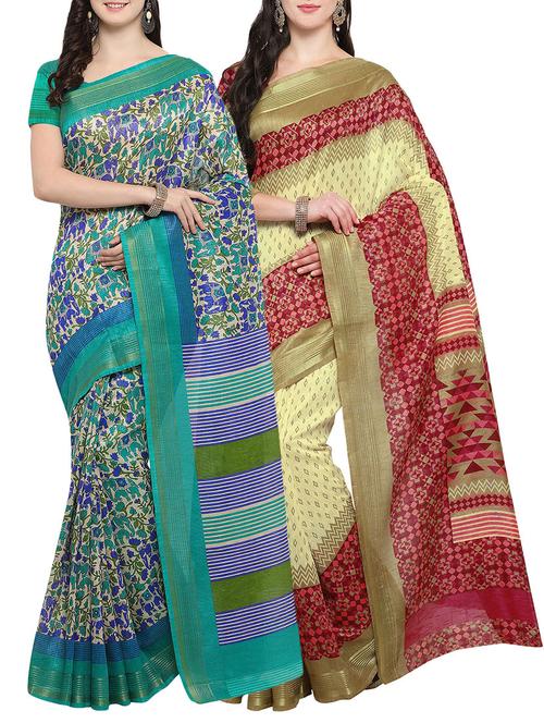 multi colored cotton printed combo saree with blouse - 14482907 - Very Small Image - 1