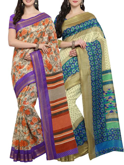 multi colored cotton printed combo saree with blouse - 14482910 - Very Small Image - 1
