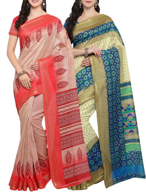 multi colored cotton printed combo saree with blouse - 14482911 - Very Small Image - 1
