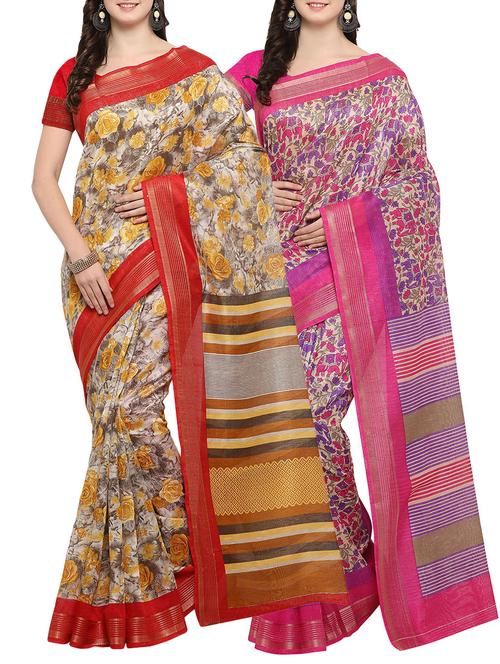 multi colored cotton printed combo saree with blouse - 14482917 - Very Small Image - 1