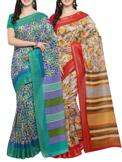 multi colored cotton printed combo saree with blouse - 14482918 - Very Small Image - 1