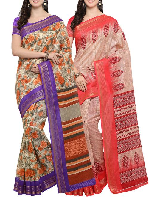 multi colored cotton printed combo saree with blouse - 14482920 - Very Small Image - 1