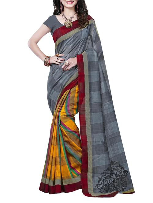 grey cotton silk printed saree with blouse - 14483216 - Very Small Image - 1