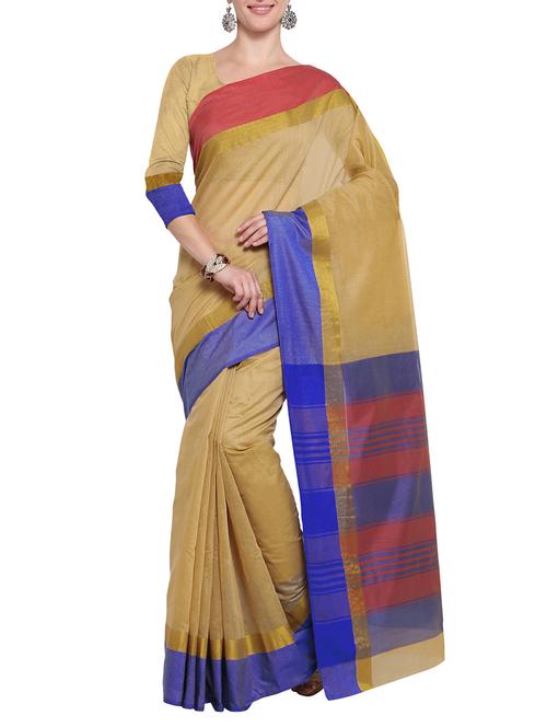 beige silk blend bordered saree with blouse - 14483376 - Standard Image - 1