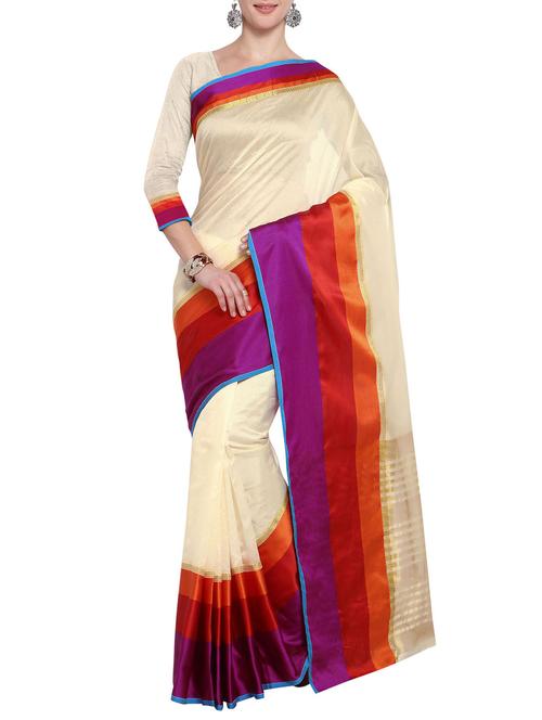 cream silk blend bordered saree with blouse - 14483379 - Very Small Image - 1