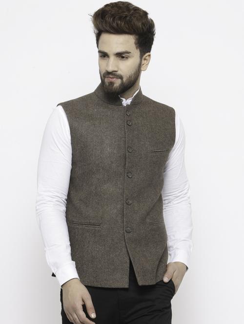 brown cotton nehru jacket - 14484804 - Very Small Image - 1