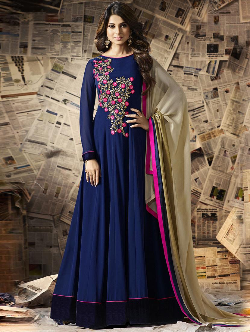 blue georgette embroidered semi-stitched suit