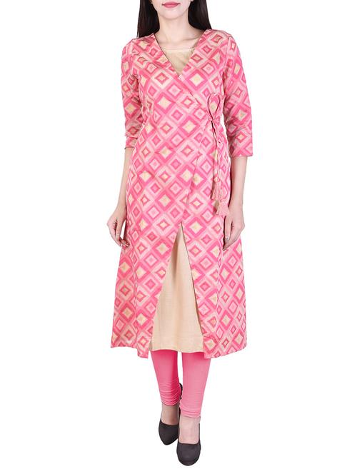 pink chanderi angrakha kurta - 14485104 - Very Small Image - 1