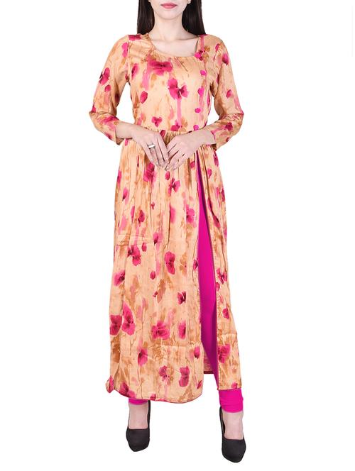 beige & pink cotton high slit kurta - 14485109 - Very Small Image - 1