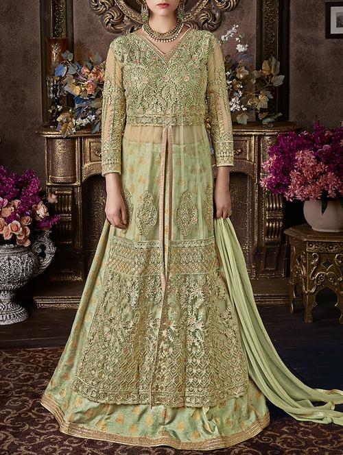 green skirt suit semi-stitched suit - 14485135 - Very Small Image - 1