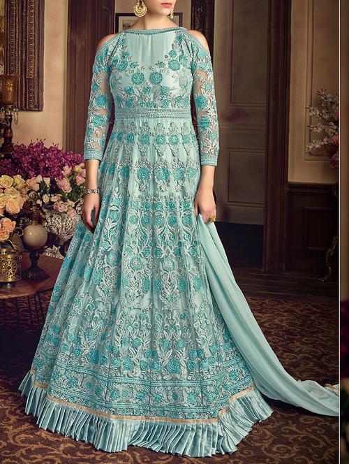 blue net anarkali suits semistitched suit - 14485138 - Very Small Image - 1