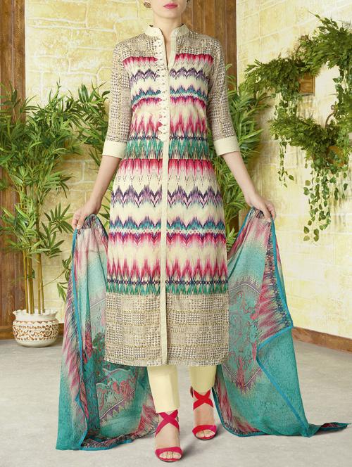 cream straight pant suits semi-stitched suit - 14485148 - Very Small Image - 1