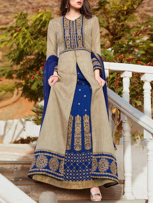 beige a-line semi-stitched suit - 14485169 - Standard Image - 1