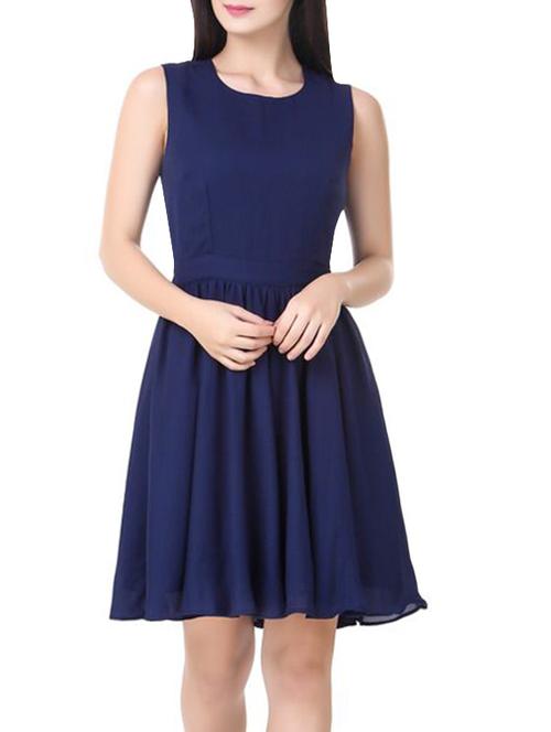 navy blue poly georgette a-line dress - 14485386 - Standard Image - 1