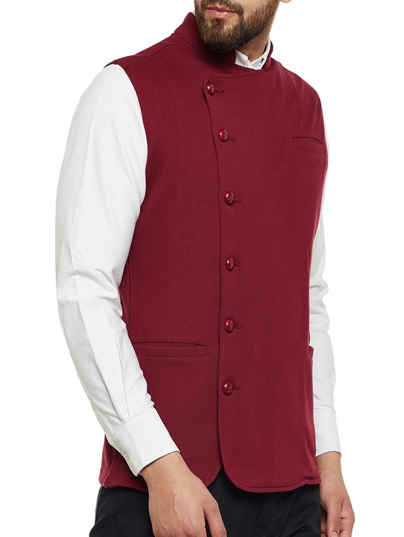 maroon cotton nehru jacket - 14485605 - Zoom Image - 2