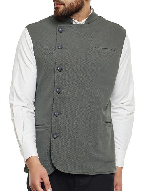 grey cotton nehru jacket - 14485609 - Standard Image - 1