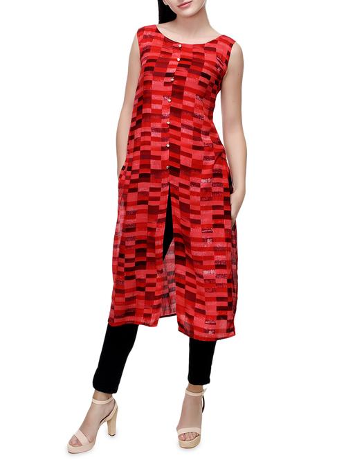 red rayon high slit kurta - 14486949 - Standard Image - 1