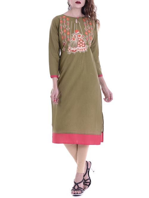 mehandi cotton straight kurta - 14487404 - Standard Image - 1
