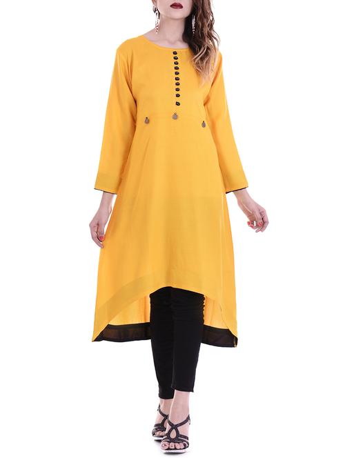 yellow rayon high low kurta - 14487407 - Standard Image - 1