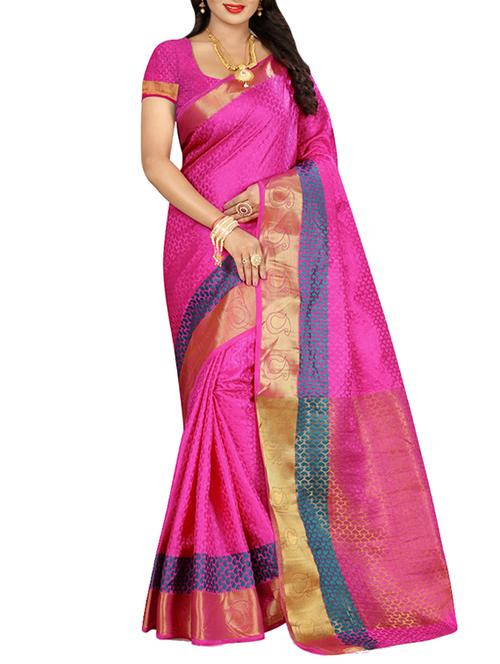 pink poly cotton woven saree with blouse - 14488366 - Very Small Image - 1