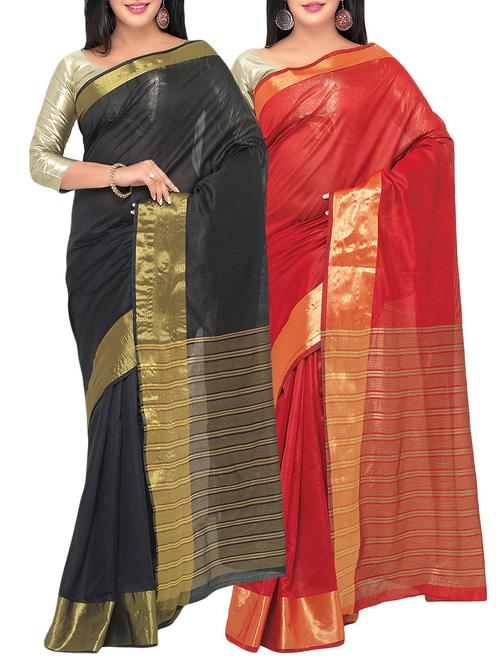 set of 2 multi colored art silk combos saree with blouse - 14488450 - Very Small Image - 1