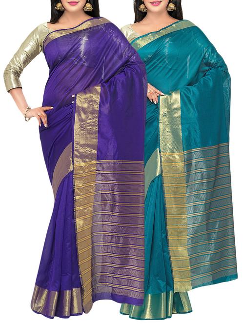 set of 2 multi colored art silk combos saree with blouse - 14488451 - Very Small Image - 1