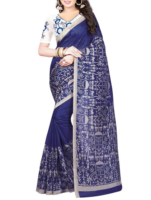 blue cotton printed saree with blouse - 14489009 - Very Small Image - 1