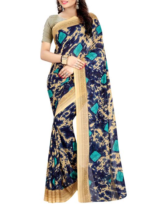 blue georgette printed saree with blouse - 14489031 - Very Small Image - 1