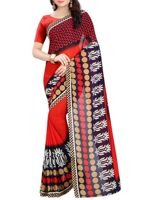 red georgette printed saree with blouse - 14489035 - Very Small Image - 1