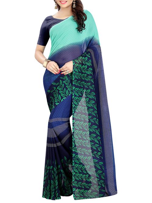 blue georgette printed saree with blouse - 14489036 - Very Small Image - 1