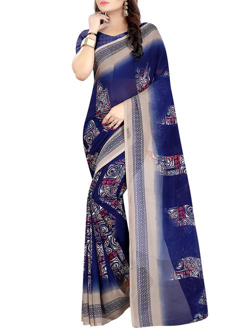 blue georgette printed saree with blouse - 14489037 - Very Small Image - 1
