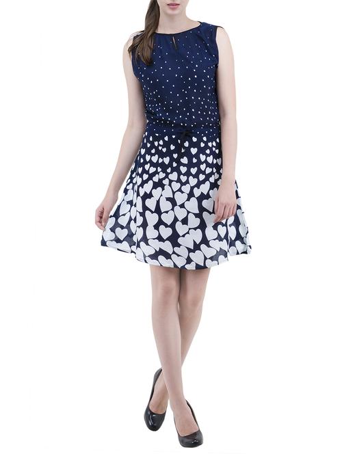Dark blue rayon fit & flare dress - 14489723 - Standard Image - 1