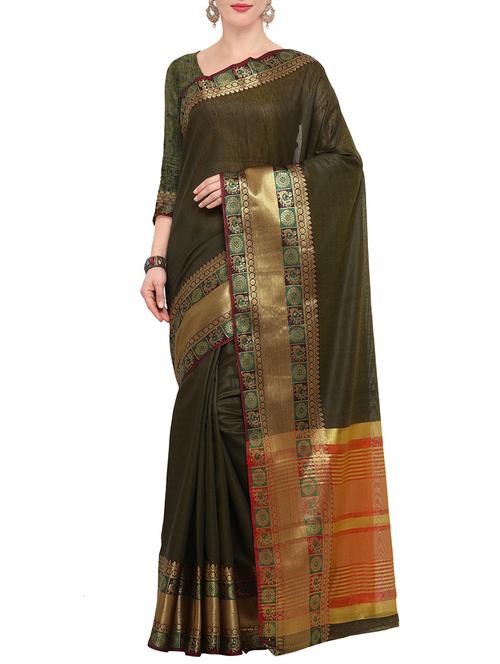 olive green bordered saree with blouse - 14491859 - Very Small Image - 1
