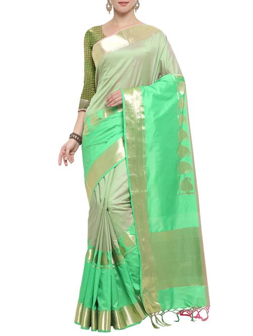 green silk blend kanjivaram saree with blouse - 14491904 - Very Small Image - 1