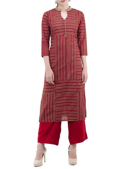 maroon cotton straight kurta - 14491927 - Standard Image - 1