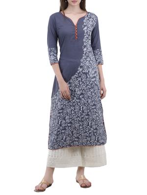 Grey cotton straight kurta - 14491932 - Standard Image - 1