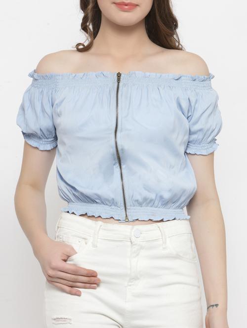 zip-up off shoulder smocked crop top - 14492421 - Very Small Image - 1