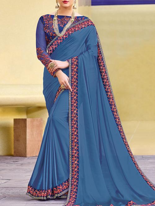 blue bordered saree with blouse - 14492507 - Very Small Image - 1