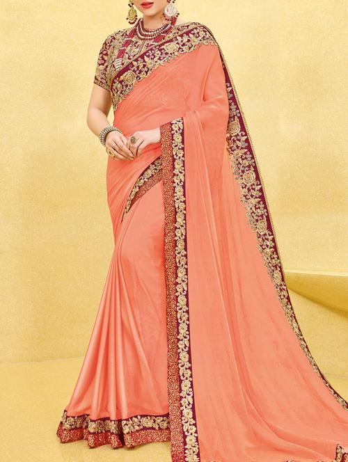 peach bordered saree with blouse - 14492512 - Standard Image - 1