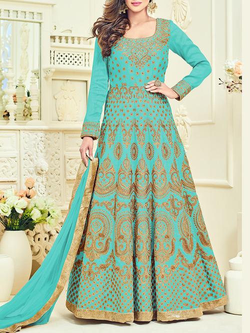 turquoise semi-stitched anarkali suit - 14492790 - Very Small Image - 1