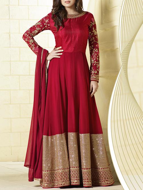 red anarkali semi-stitched suit - 14492801 - Very Small Image - 1