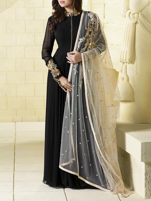 black georgette flared suits semistitched suit - 14492802 - Very Small Image - 1
