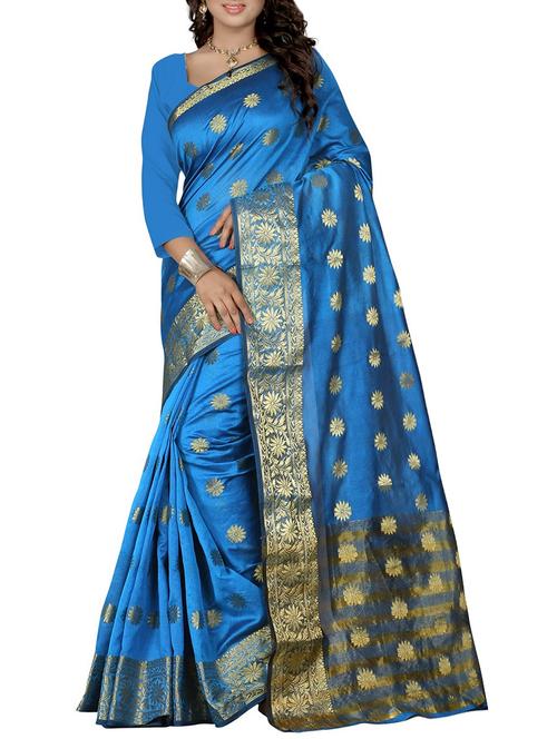 blue poly silk woven saree with blouse - 14492838 - Very Small Image - 1