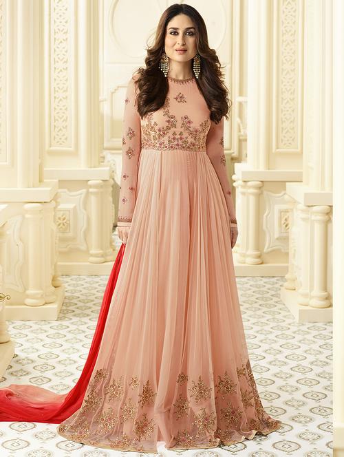 peach silk flared suits semistitched suit - 14492843 - Very Small Image - 1